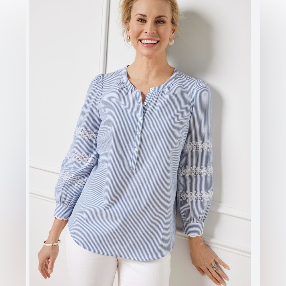 Talbot's Blue White Striped Popover Henley Blouse Coastal Resort Feminine Sz S